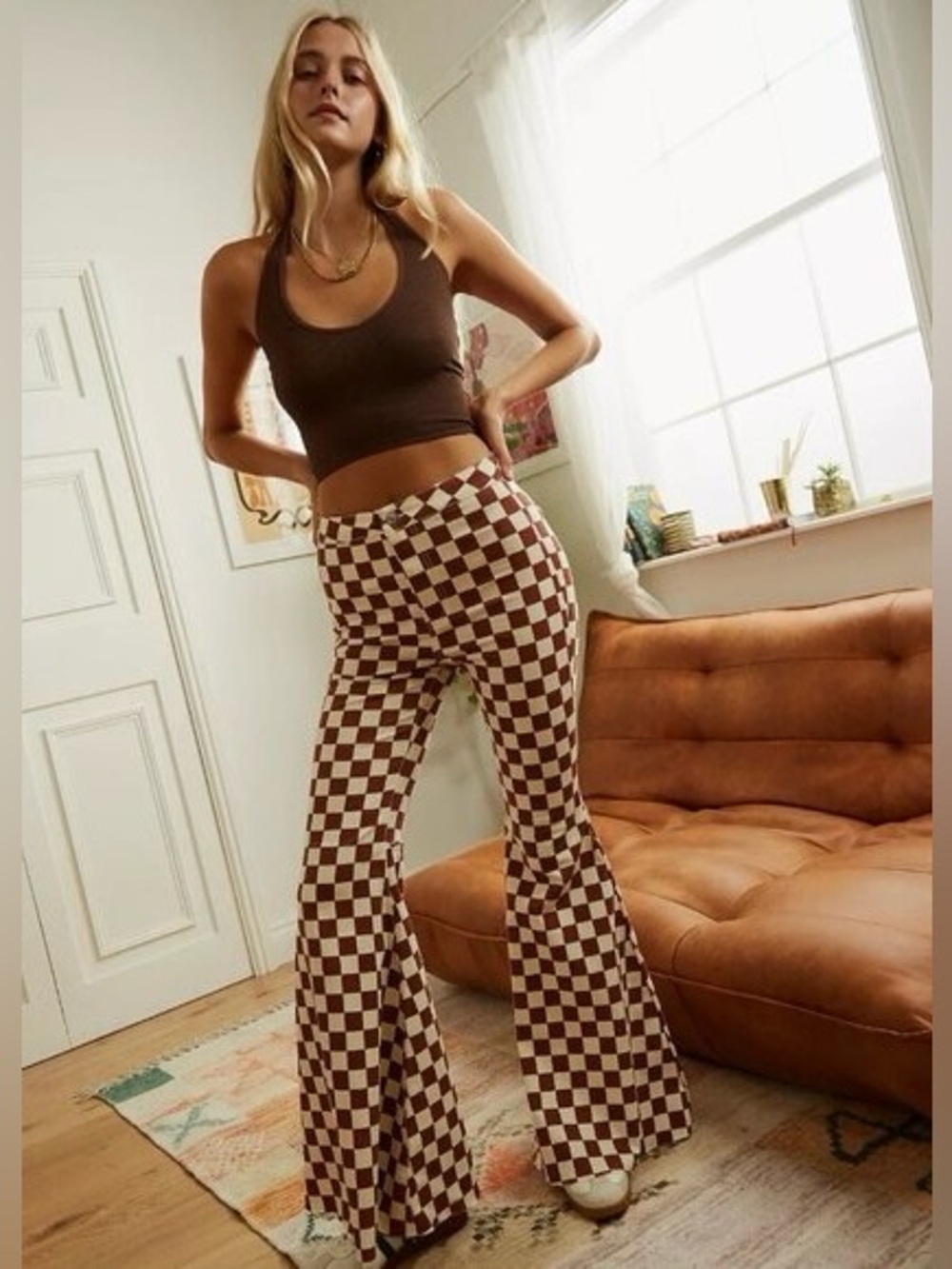 Free People We The Free ‘Just Float On’ Checkered Flare Pants, Spiced Brandy